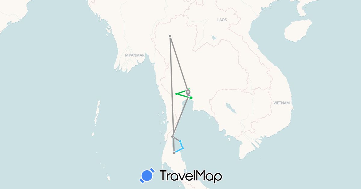 TravelMap itinerary: bus, plane, train, boat in Thailand (Asia)